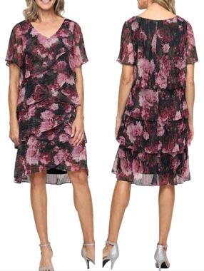 SLNY Size 12 Pink Floral Tiered Ruffle Dress 3438-AC